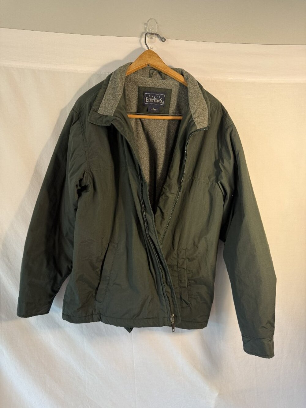 Basic Editions Mens Large Green Fleece‎ Lined Full Zip Warm Up Bomber Jacket
